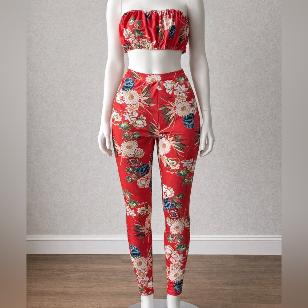 Floral High-Waist Red Leggings